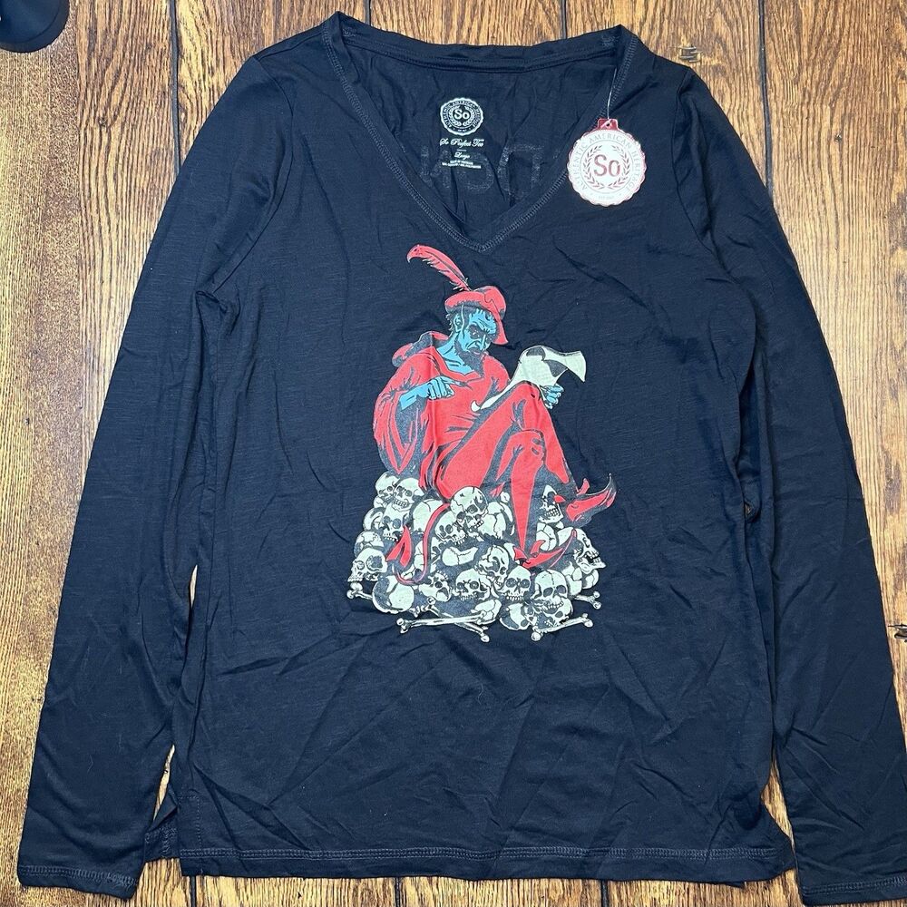 Vintage Y2K Skull Devil V-Neck Long Sleeve McDonald Size L Black Red Blue